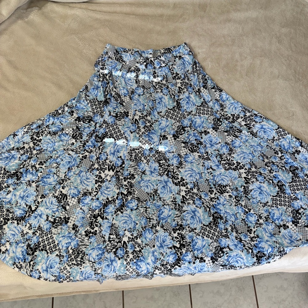Blue Floral Circle Skirt with All-Over Rose Print